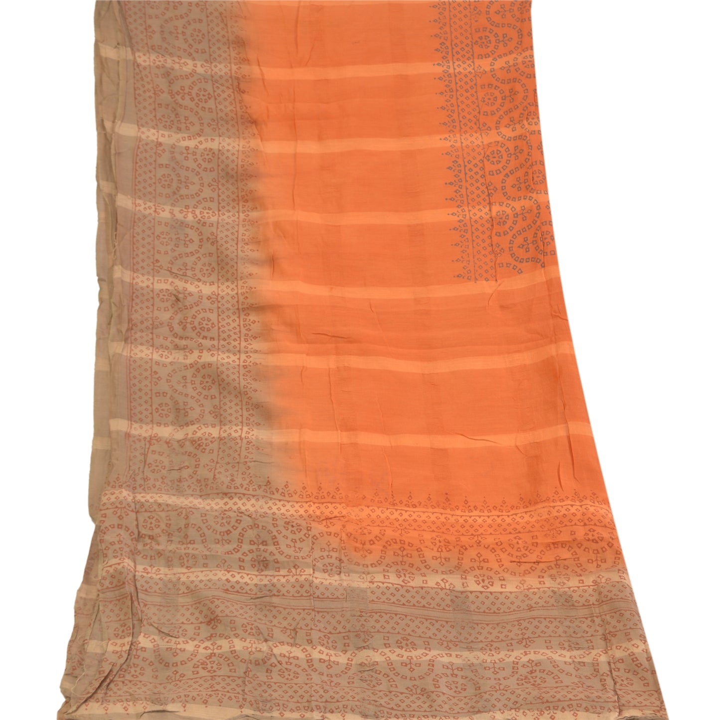 Sanskriti Vintage Dupatta Long Stole Pure Silk Orange Veil Block Printed Hijab