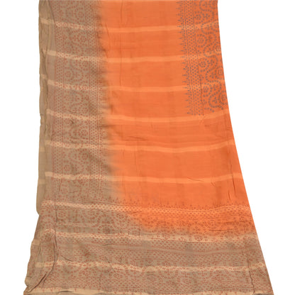 Sanskriti Vintage Dupatta Long Stole Pure Silk Orange Veil Block Printed Hijab