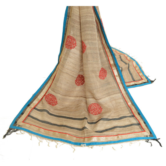 Sanskriti Vintage Dupatta Long Stole Handloom Ivory Veil Embroidered Shawl