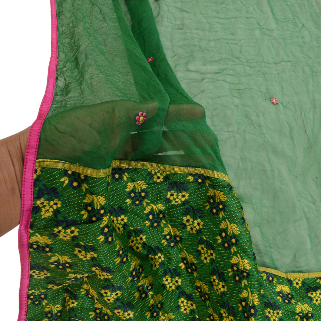 Sanskriti Vintage Dupatta Long Stole Pure Chiffon Silk Green Veil Woven Scarves