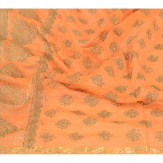 Sanskriti Vintage Dupatta Long Stole Cotton Orange Hand-Block Printed Woven Veil