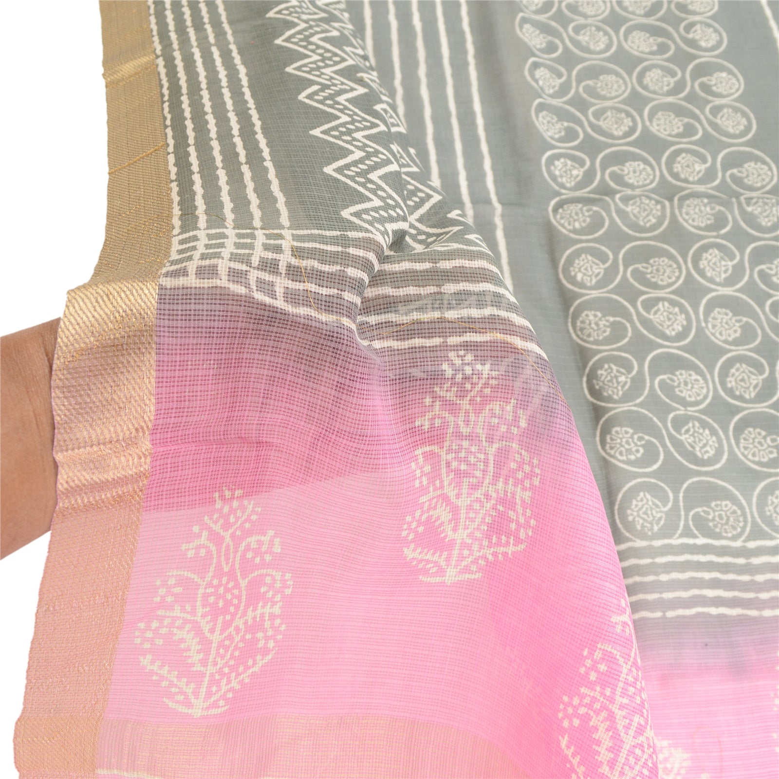 Sanskriti Vintage Dupatta Long Stole Pure Cotton Kota Grey-Pink Hand Block Print