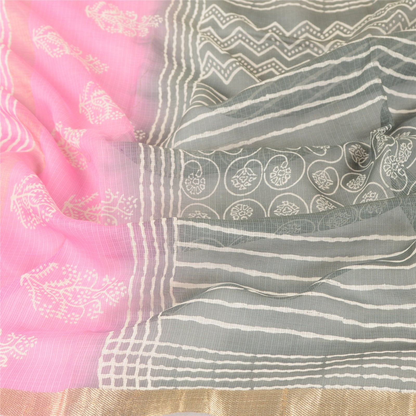 Sanskriti Vintage Dupatta Long Stole Pure Cotton Kota Grey-Pink Hand Block Print