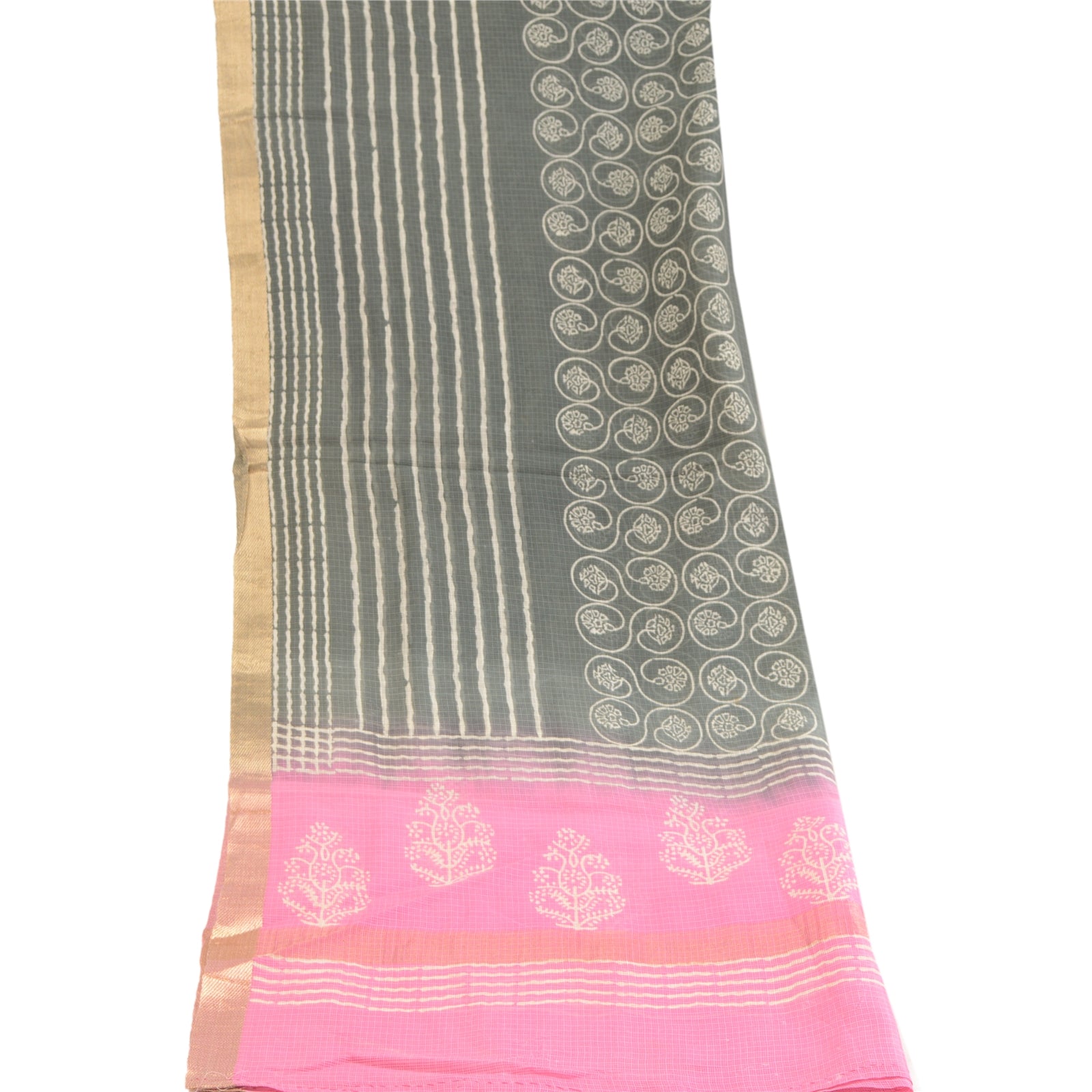 Sanskriti Vintage Dupatta Long Stole Pure Cotton Kota Grey-Pink Hand Block Print