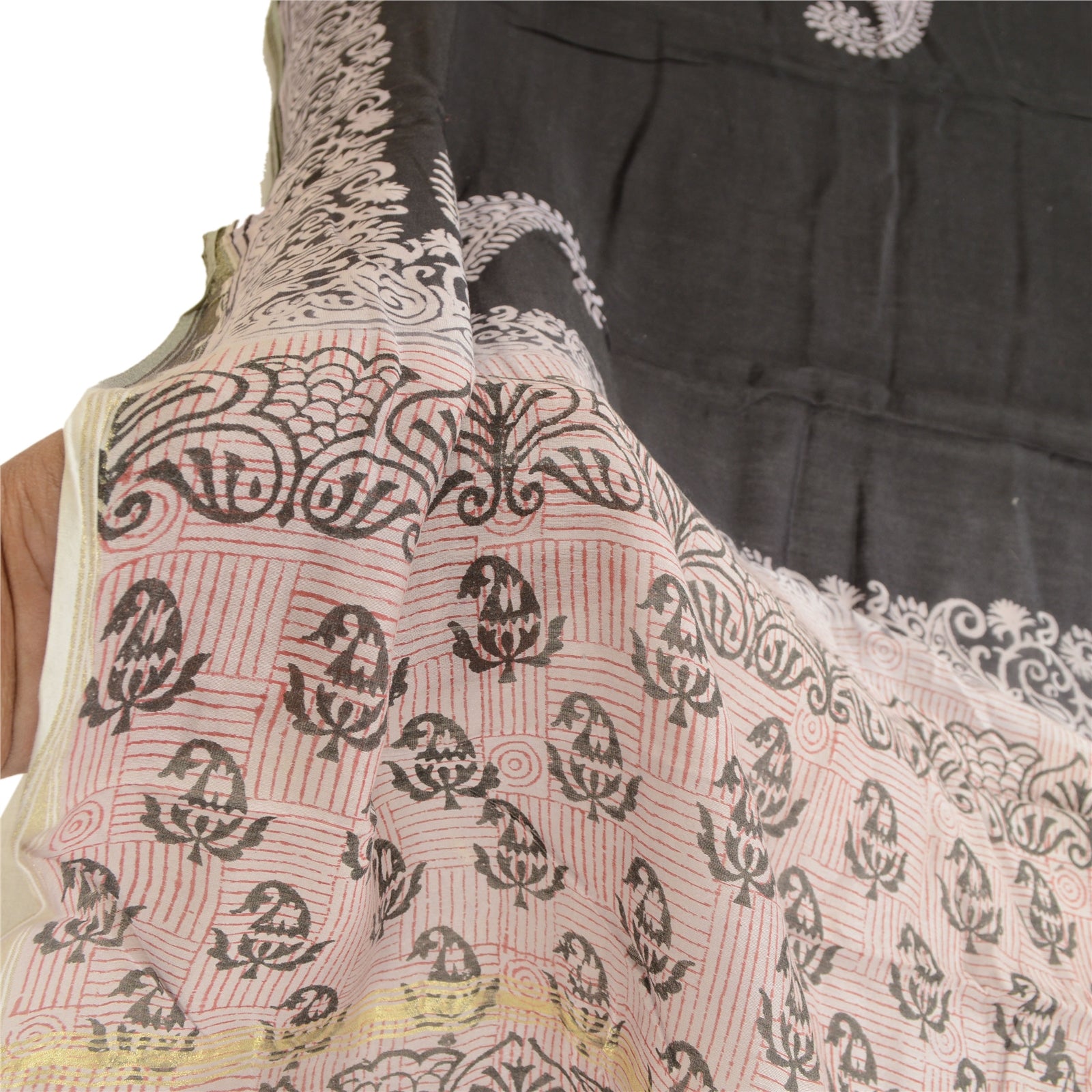 Sanskriti Vintage Dupatta Long Stole Chanderi Black Scarves Hand Block Printed