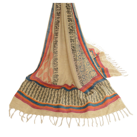 Sanskriti Vintage Dupatta Long Stole Cotton Ivory Hand Block Warli Printed Hijab
