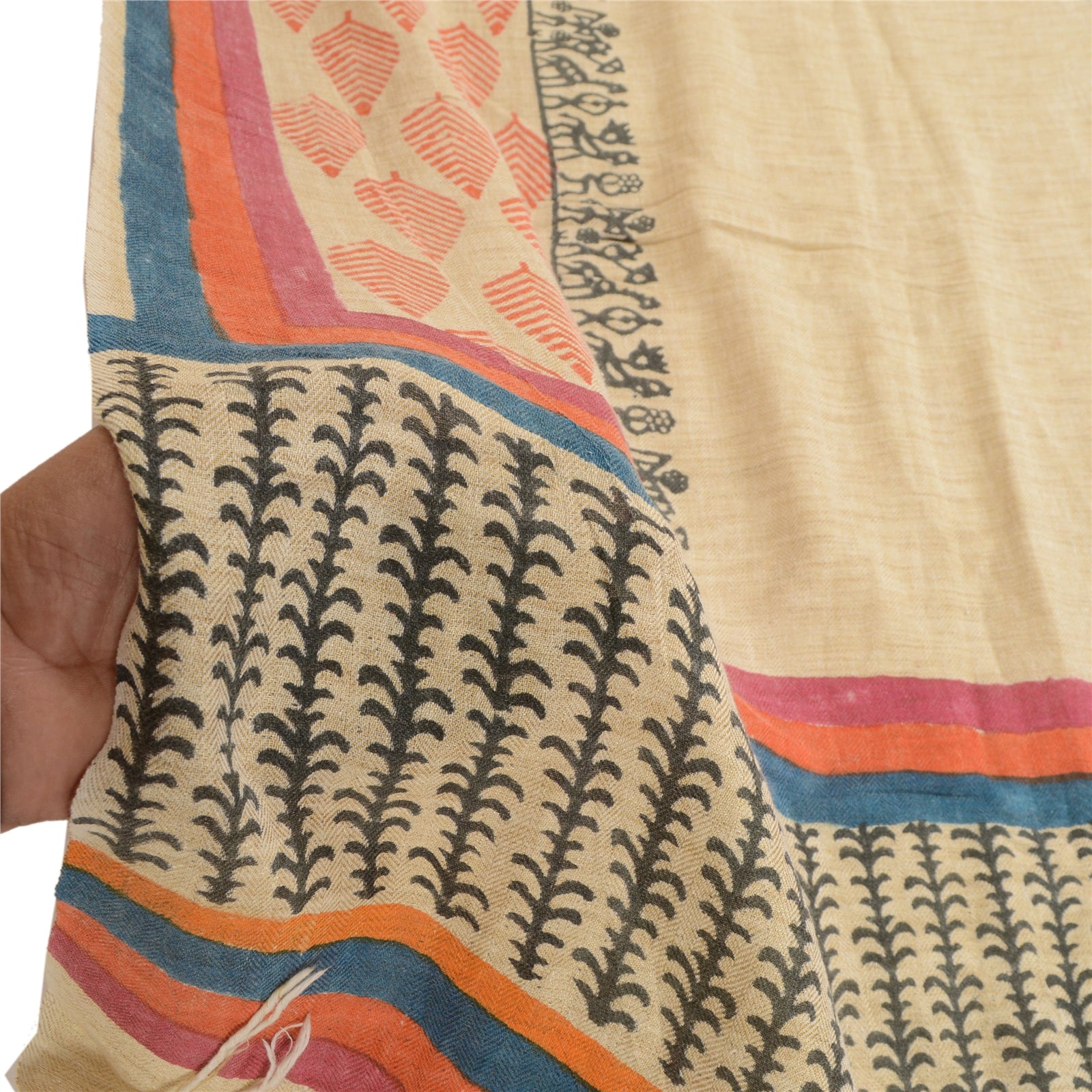 Sanskriti Vintage Dupatta Long Stole Cotton Ivory Hand Block Warli Printed Hijab