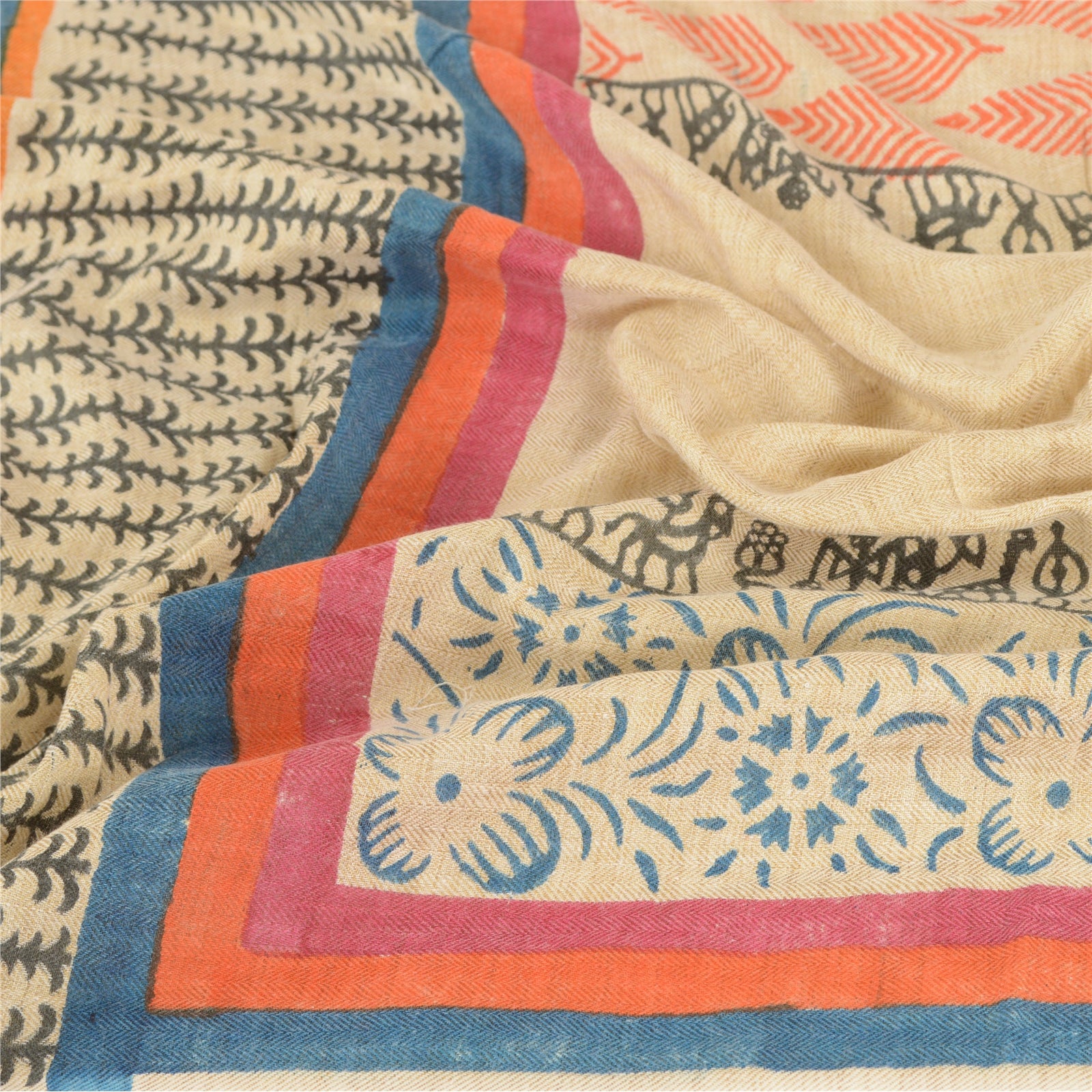 Sanskriti Vintage Dupatta Long Stole Cotton Ivory Hand Block Warli Printed Hijab