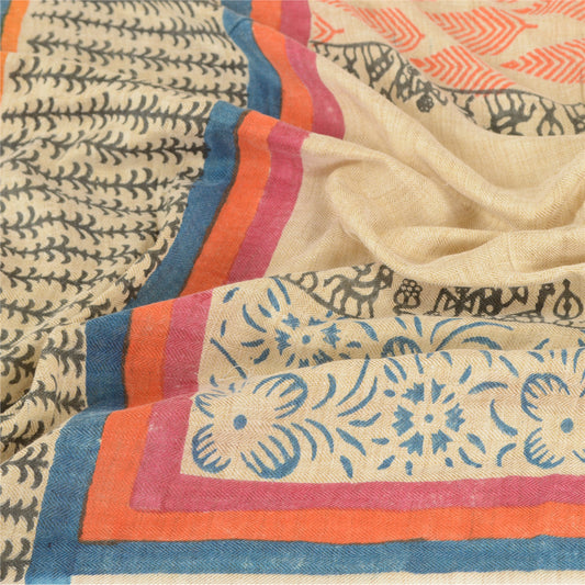 Sanskriti Vintage Dupatta Long Stole Cotton Ivory Hand Block Warli Printed Hijab