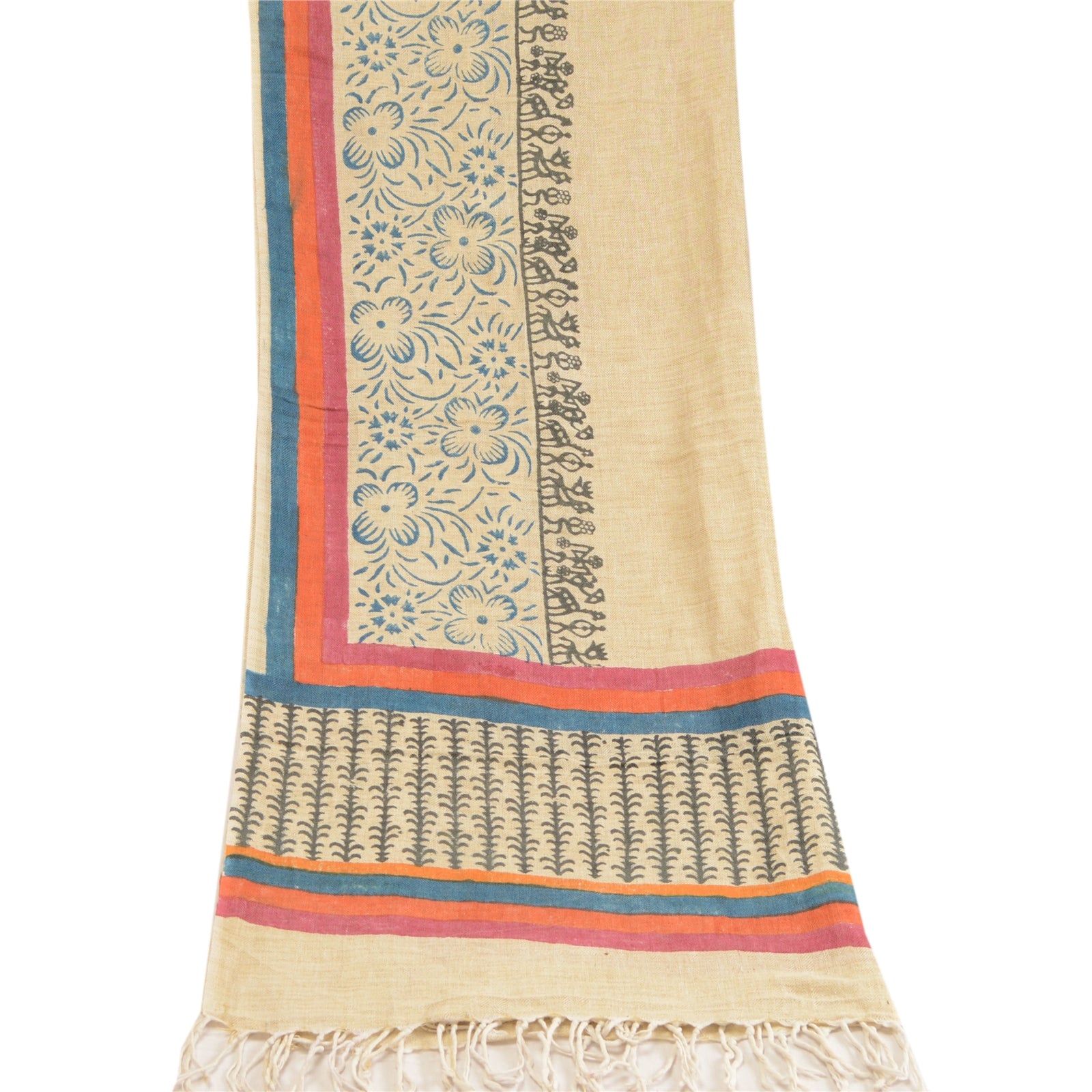 Sanskriti Vintage Dupatta Long Stole Cotton Ivory Hand Block Warli Printed Hijab