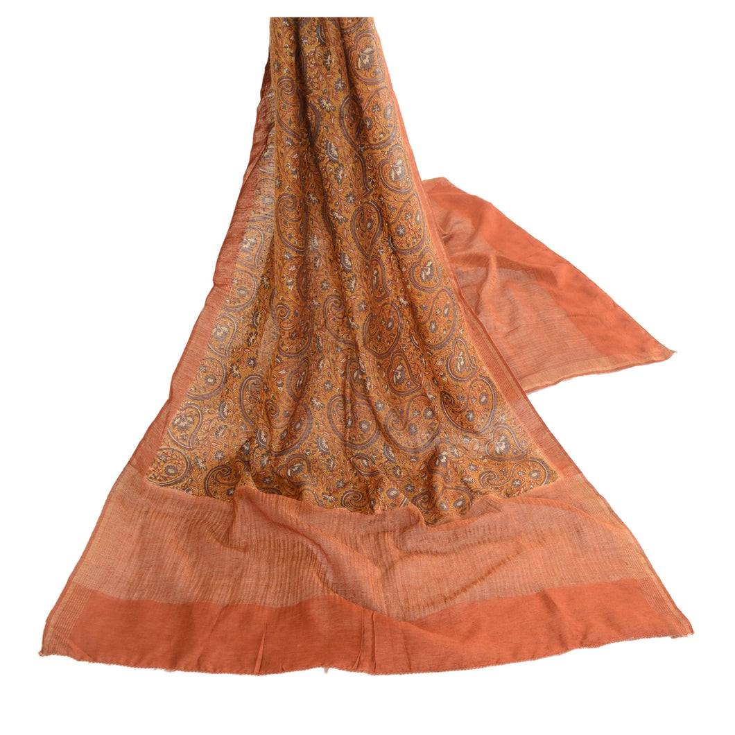 Sanskriti Vintage Dupatta Long Stole 100% Pure Silk Brown Shawl Printed Hijab