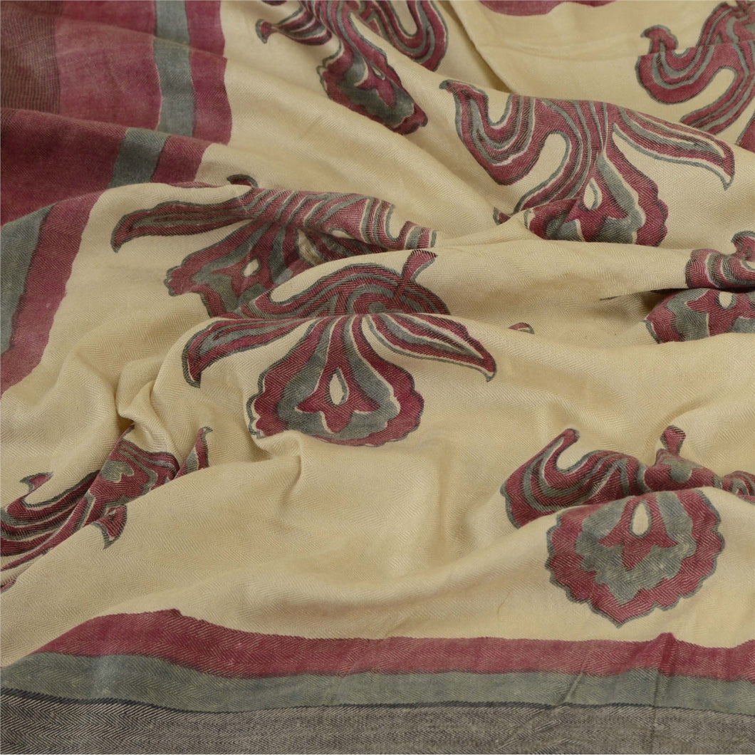 Sanskriti Vintage Dupatta Long Stole Woolen Ivory Soft Printed Floral Hijab