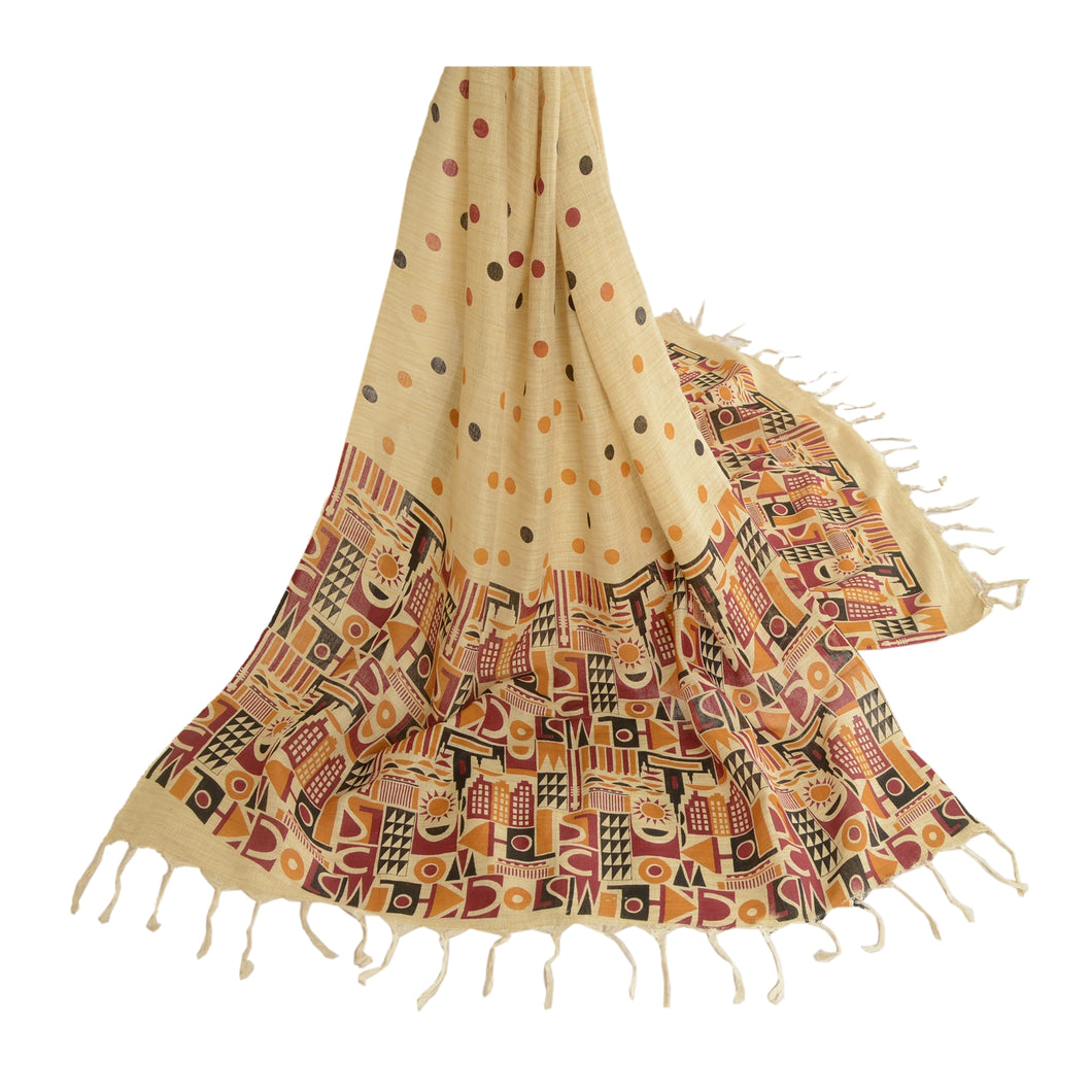 Sanskriti Vintage Dupatta Long Stole Pure Cotton Ivory Shawl Printed Wrap Hijab