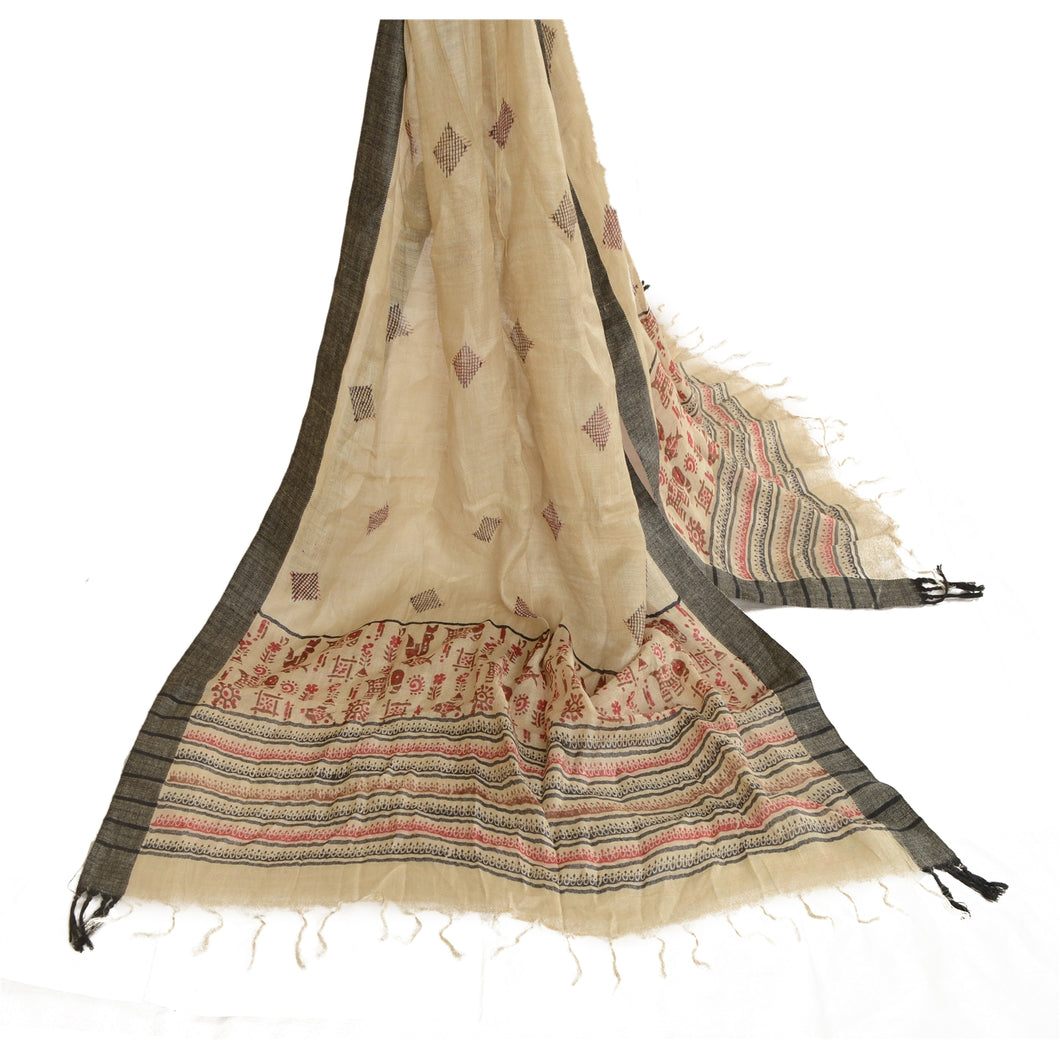 Sanskriti Vintage Dupatta Long Stole Pure Silk Ivory Shawl Printed Wrap Hijab