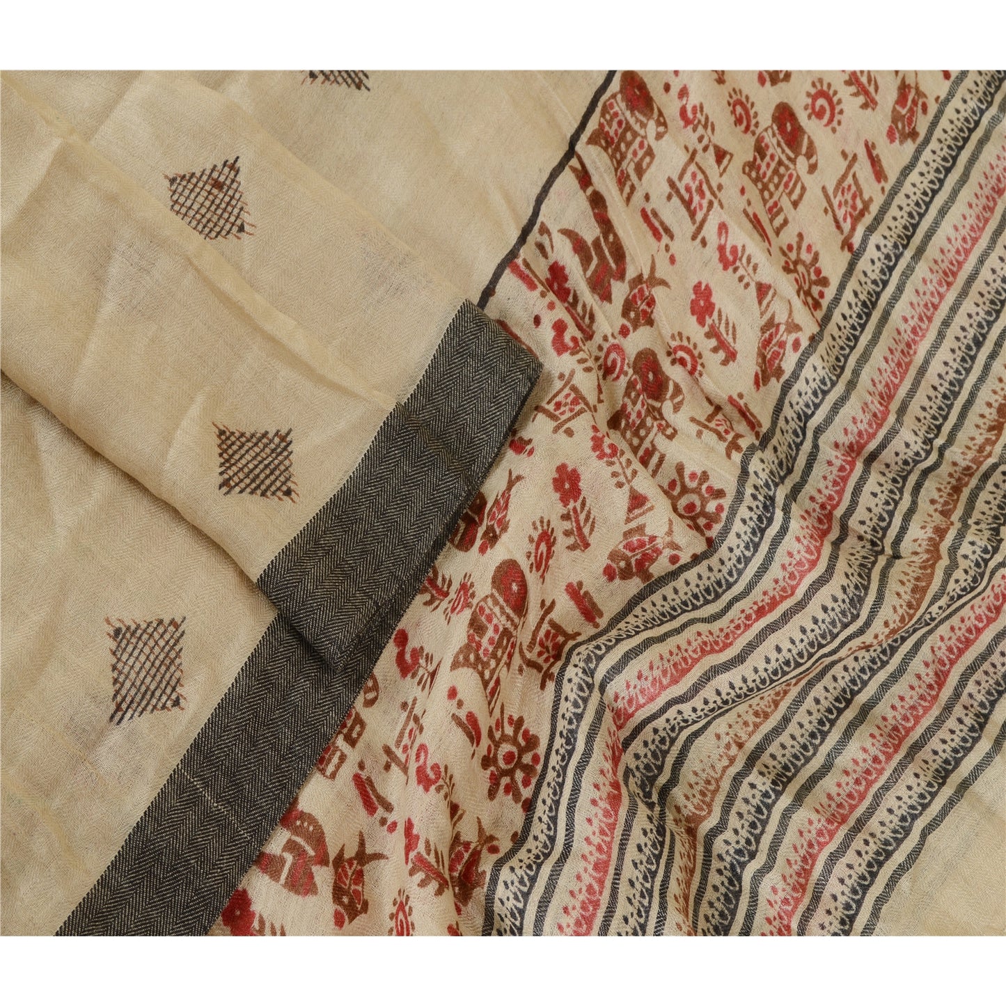 Sanskriti Vintage Dupatta Long Stole Pure Silk Ivory Shawl Printed Wrap Hijab