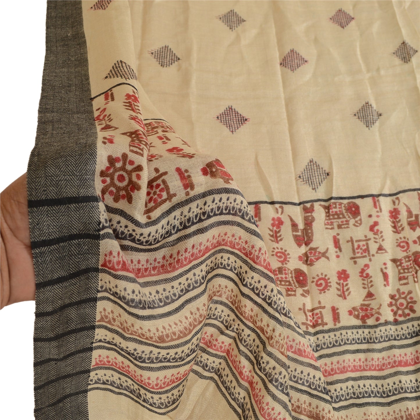 Sanskriti Vintage Dupatta Long Stole Pure Silk Ivory Shawl Printed Wrap Hijab