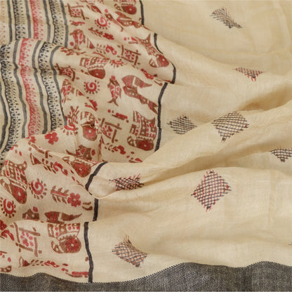 Sanskriti Vintage Dupatta Long Stole Pure Silk Ivory Shawl Printed Wrap Hijab