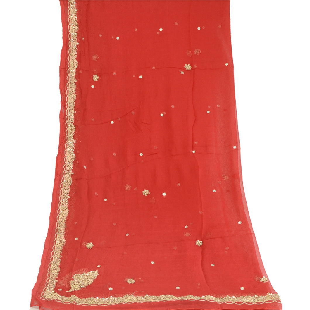 Sanskriti Vintage Dupatta Long Stole Pure Chiffon Silk Scarlet Hand Beaded Veil