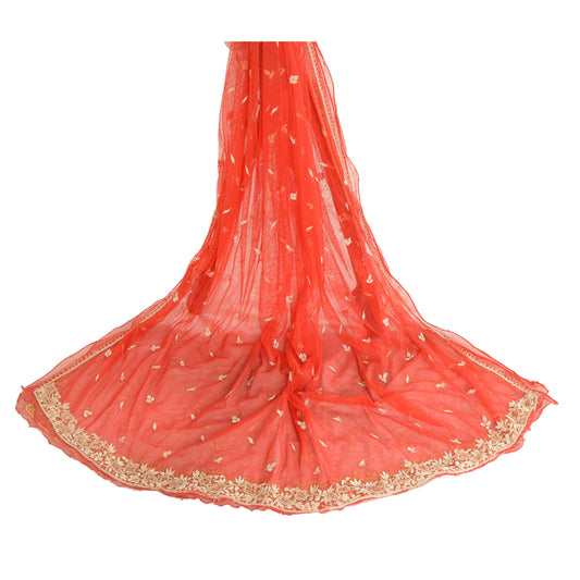 Sanskriti Vintage Dupatta Long Stole Net Mesh Scarlet Hand Embroidered Zardozi