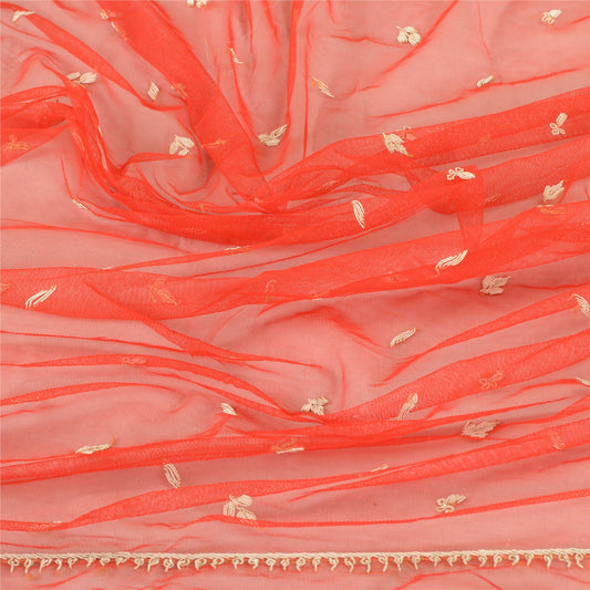 Sanskriti Vintage Dupatta Long Stole Net Mesh Scarlet Hand Embroidered Zardozi