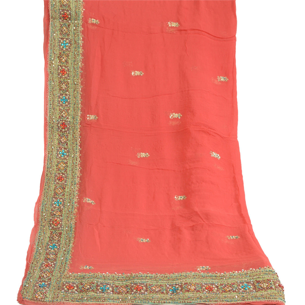 Sanskriti Vintage Dupatta Long Stole Georgette Peach Hand Beaded Wrap Scarves