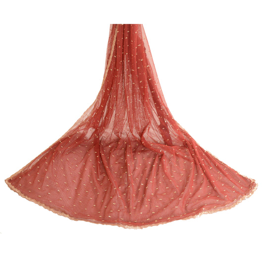 Sanskriti Vintage Dupatta Long Stole Net Mesh Dark Red Veil Hand Beaded Scarves