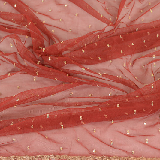 Sanskriti Vintage Dupatta Long Stole Net Mesh Dark Red Veil Hand Beaded Scarves