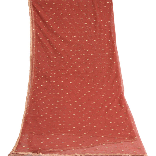 Sanskriti Vintage Dupatta Long Stole Net Mesh Dark Red Veil Hand Beaded Scarves