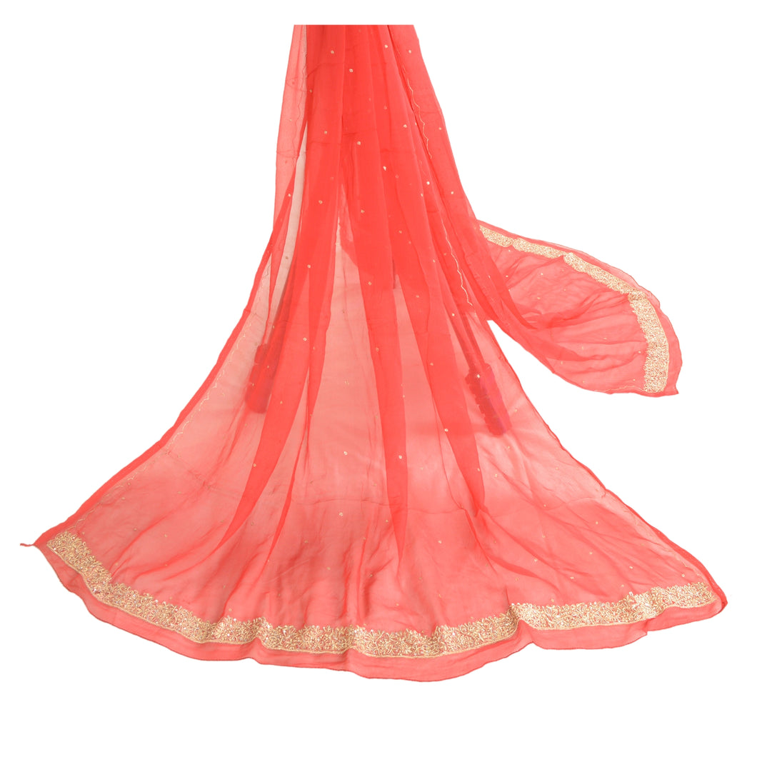 Sanskriti Vintage Dupatta Long Stole Pure Chiffon Silk Scarlet Hand Beaded Veil