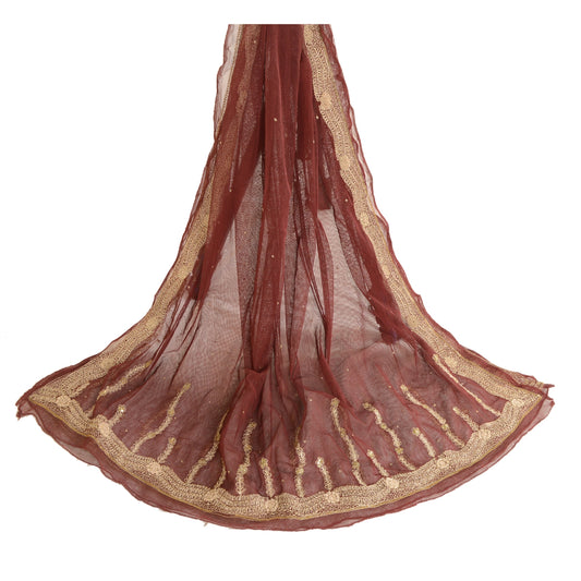 Sanskriti Vintage Dupatta Long Stole Net Mesh Dark Red Hand Beaded Wrap Veil