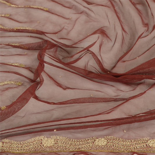 Sanskriti Vintage Dupatta Long Stole Net Mesh Dark Red Hand Beaded Wrap Veil