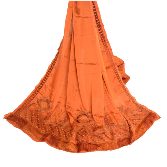 Sanskriti Vintage Dupatta Long Stole Satin Silk Orange Hand Beaded Wrap Hijab