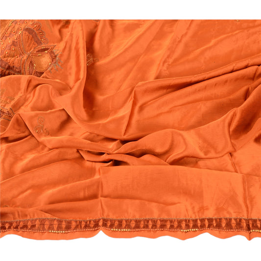 Sanskriti Vintage Dupatta Long Stole Satin Silk Orange Hand Beaded Wrap Hijab
