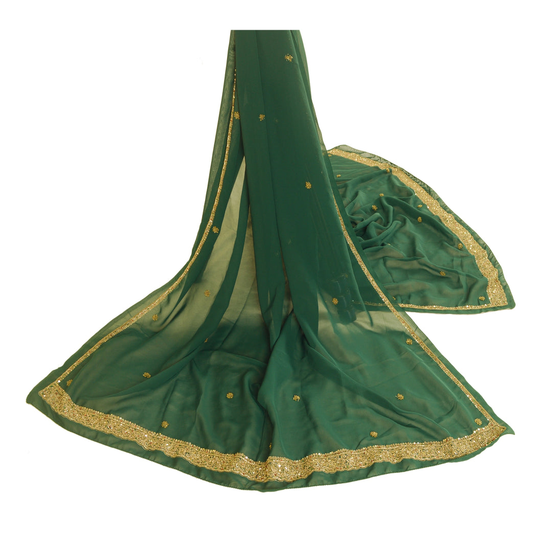 Sanskriti Vintage Dupatta Long Stole Georgette Green Scarves Hand Beaded Veil