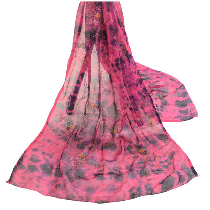 Sanskriti Vintage Dupatta Long Stole Art Silk Pink Hand Beaded Tie-Dye Scarves