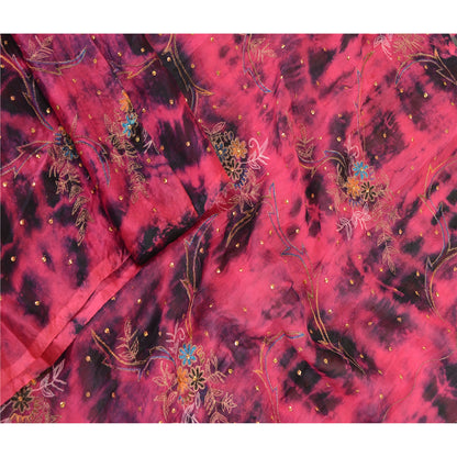 Sanskriti Vintage Dupatta Long Stole Art Silk Pink Hand Beaded Tie-Dye Scarves