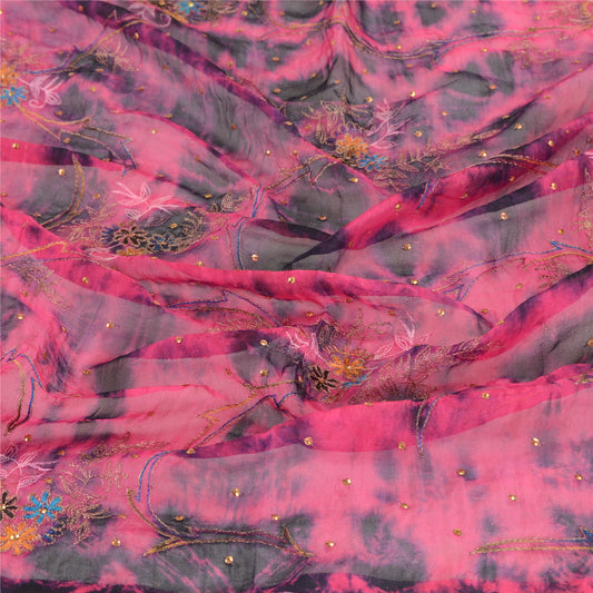 Sanskriti Vintage Dupatta Long Stole Art Silk Pink Hand Beaded Tie-Dye Scarves