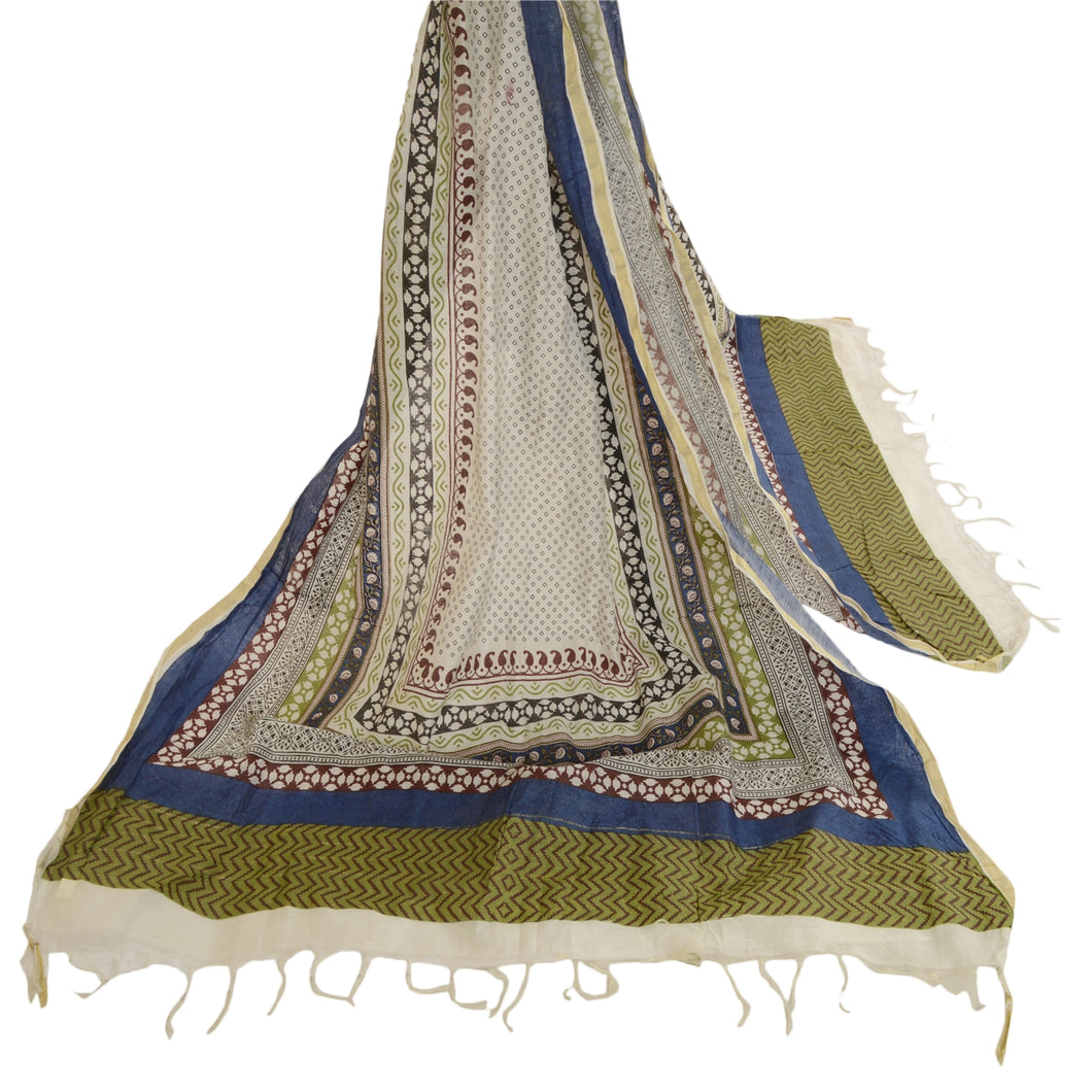 Sanskriti Vintage Dupatta Long Stole Cotton Hijab Ivory Printed Wrap Scarves