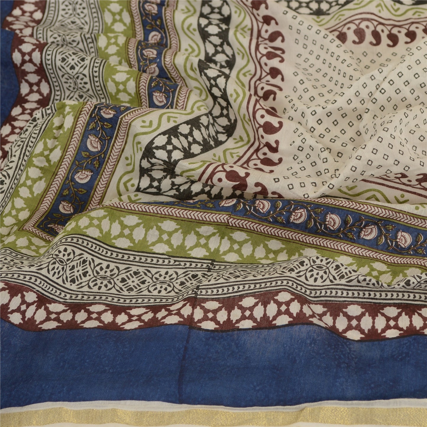 Sanskriti Vintage Dupatta Long Stole Cotton Hijab Ivory Printed Wrap Scarves