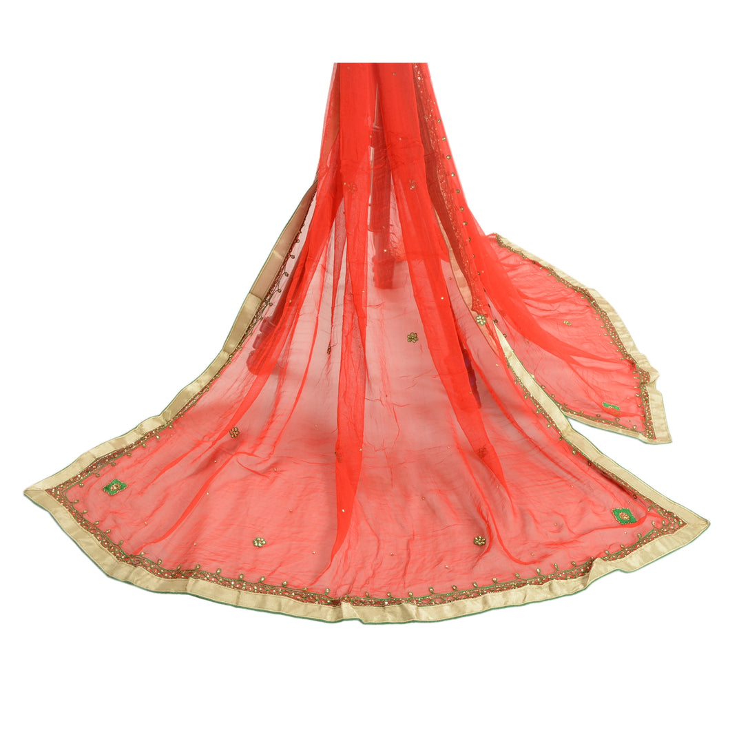 Sanskriti Vintage Dupatta Long Stole Pure Chiffon Silk Red Hand Beaded Scarves