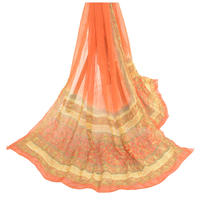 Sanskriti Vintage Dupatta Lang Stola Chiffon Silke Orange Håndlavet Kantha Slør