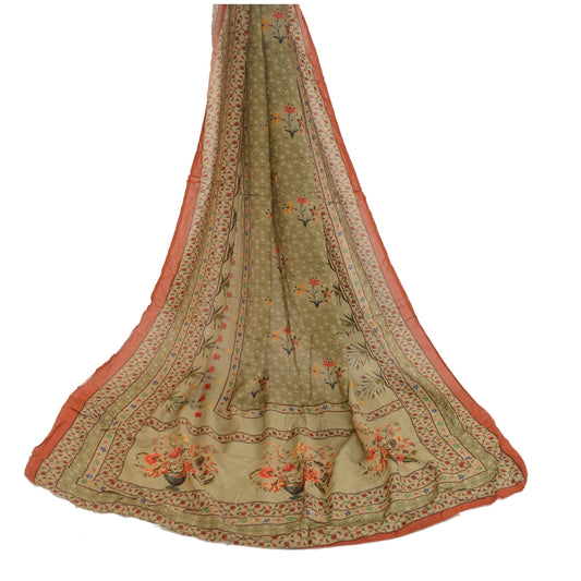 Sanskriti Vintage Dupatta Long Stole Blend Silk Olive Green Printed Wrap Hijab