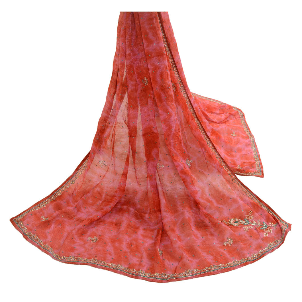 Sanskriti Vintage Dupatta Long Stole Pure Silk Pink Hand Beaded Tie-Dye Scarves