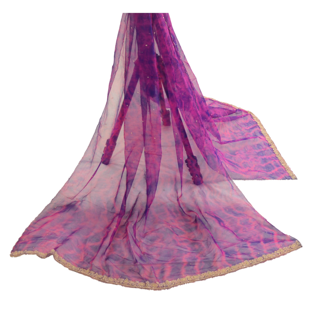 Sanskriti Vintage Dupatta Long Stole Pure Chiffon Silk Pink Hand Beaded Tie-Dye