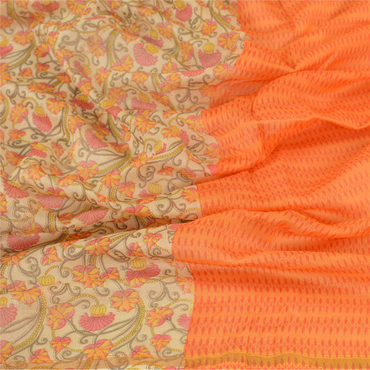 Sanskriti Vintage Dupatta Long Stole Chanderi Orange Veil Printed Wrap Scarves