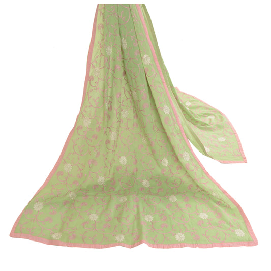 Sanskriti Vintage Dupatta Long Stole Pure Cotton Green Embroidered Scarves