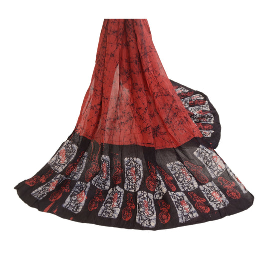Sanskriti Vintage Dupatta Long Stole Pure Cotton Hijab Red Batik Work Scarves