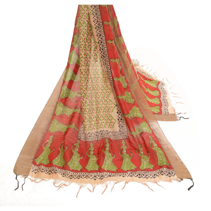 Sanskriti Vintage Dupatta Long Stole Chanderi Red Block Printed Human Scarves