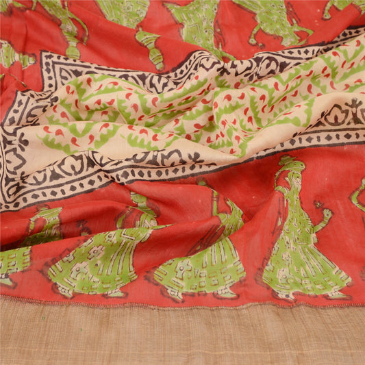 Sanskriti Vintage Dupatta Long Stole Chanderi Red Block Printed Human Scarves