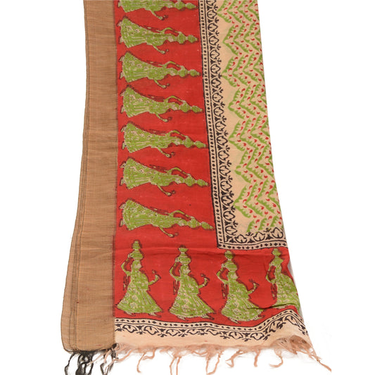 Sanskriti Vintage Dupatta Long Stole Chanderi Red Block Printed Human Scarves